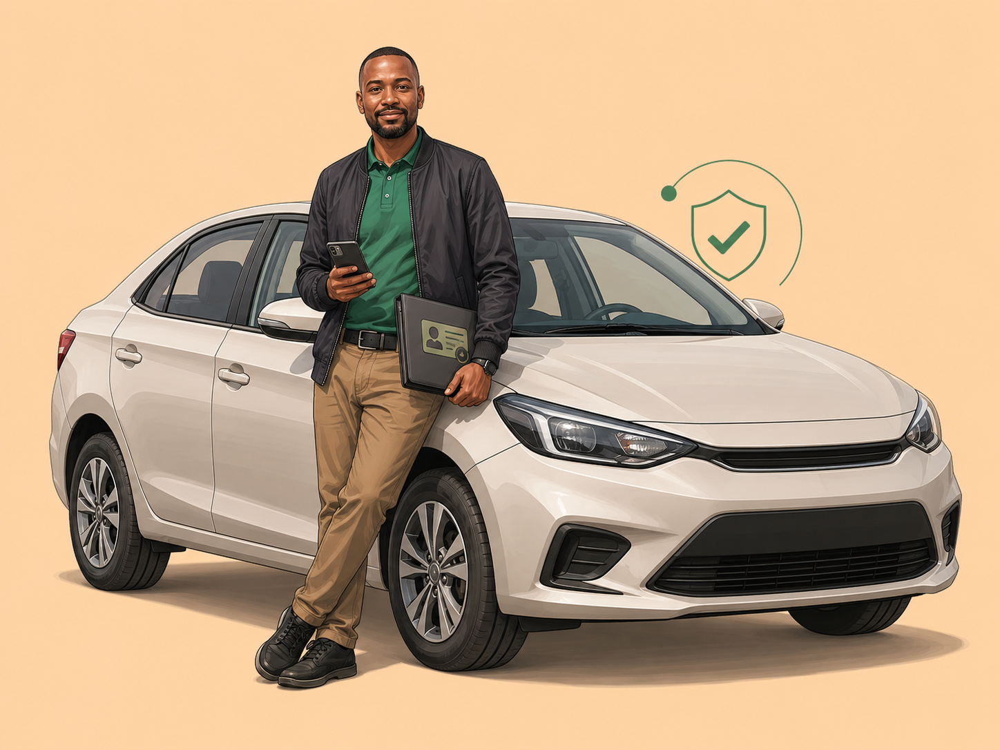Editorial illustration of a SafiriRide driver beside an eligible vehicle