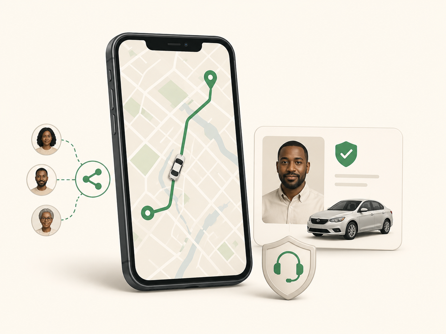 SafiriRide safety illustration showing trip tracking, driver verification, trip sharing, and assistance